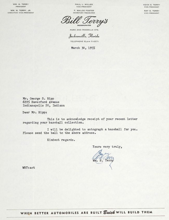 Bill Terry New York Giants Signed Official League Baseball PSA Auto Grade 9