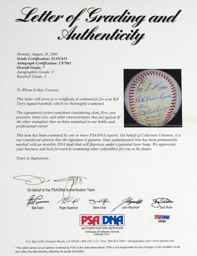 Bill Terry New York Giants Signed Official League Baseball PSA Auto Grade 9