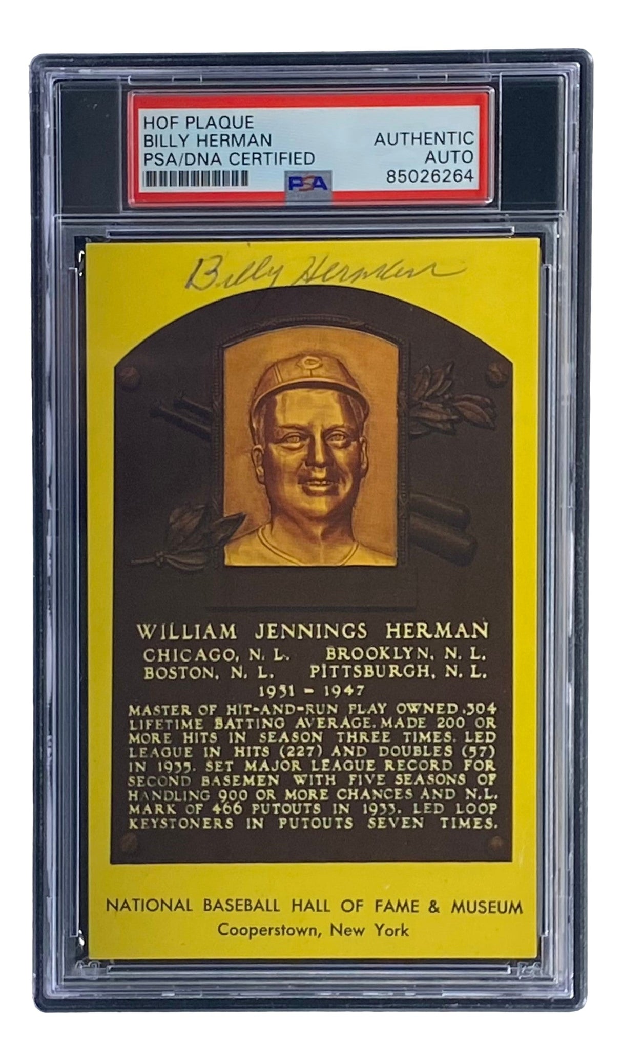 Sports Integrity Billy Herman Signed 4x6 Chicago Cubs HOF Plaque Card, PSA/DNA certified (#85026264), featuring a bronze relief portrait and highlights of his baseball achievements.