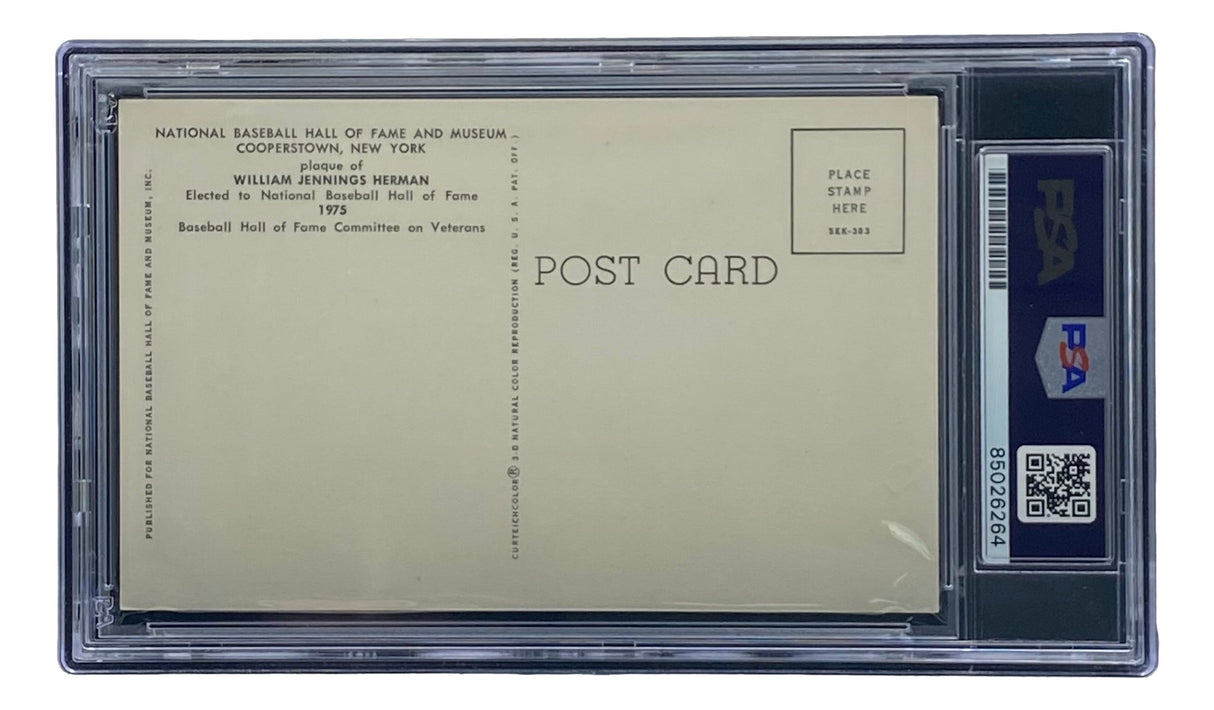 A Billy Herman Signed 4x6 Chicago Cubs HOF Plaque Card, authenticated by PSA/DNA (#85026264), is offered by Sports Integrity. The back features standard postcard markings and a stamp box.