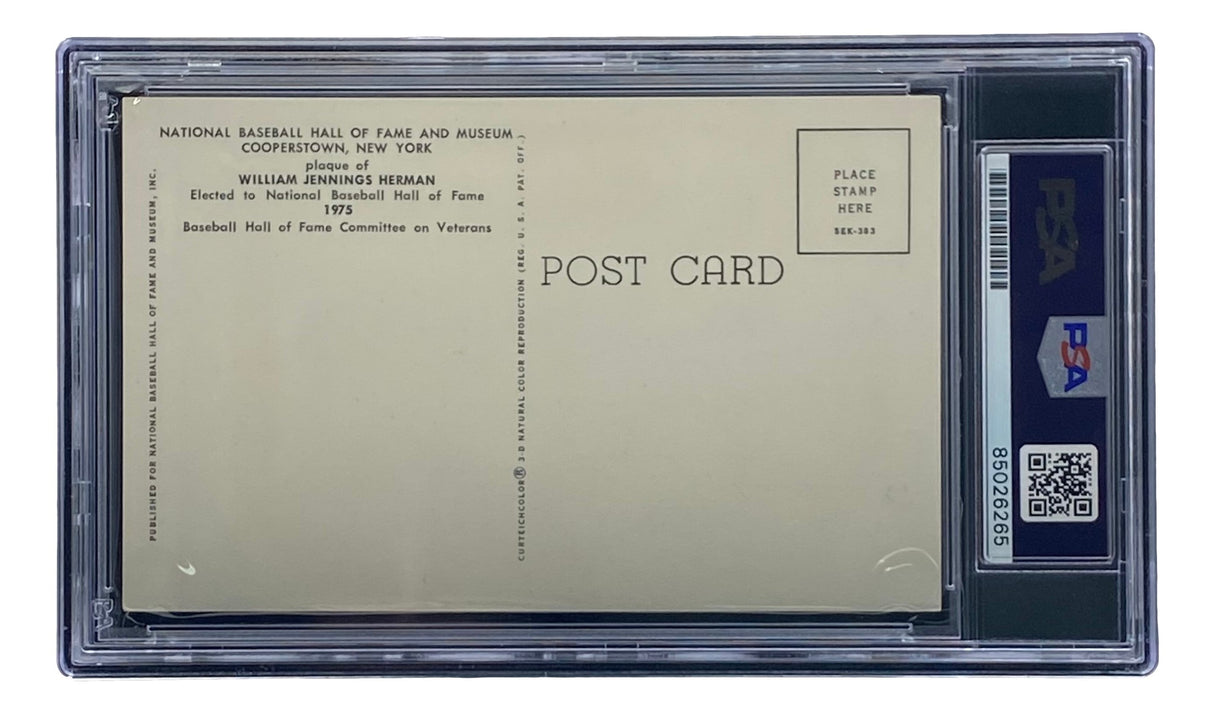 A Billy Herman signed 4x6 Chicago Cubs HOF plaque card, graded and encased by PSA/DNA (cert #85026265), features the words POST CARD with visible authentication by Sports Integrity.