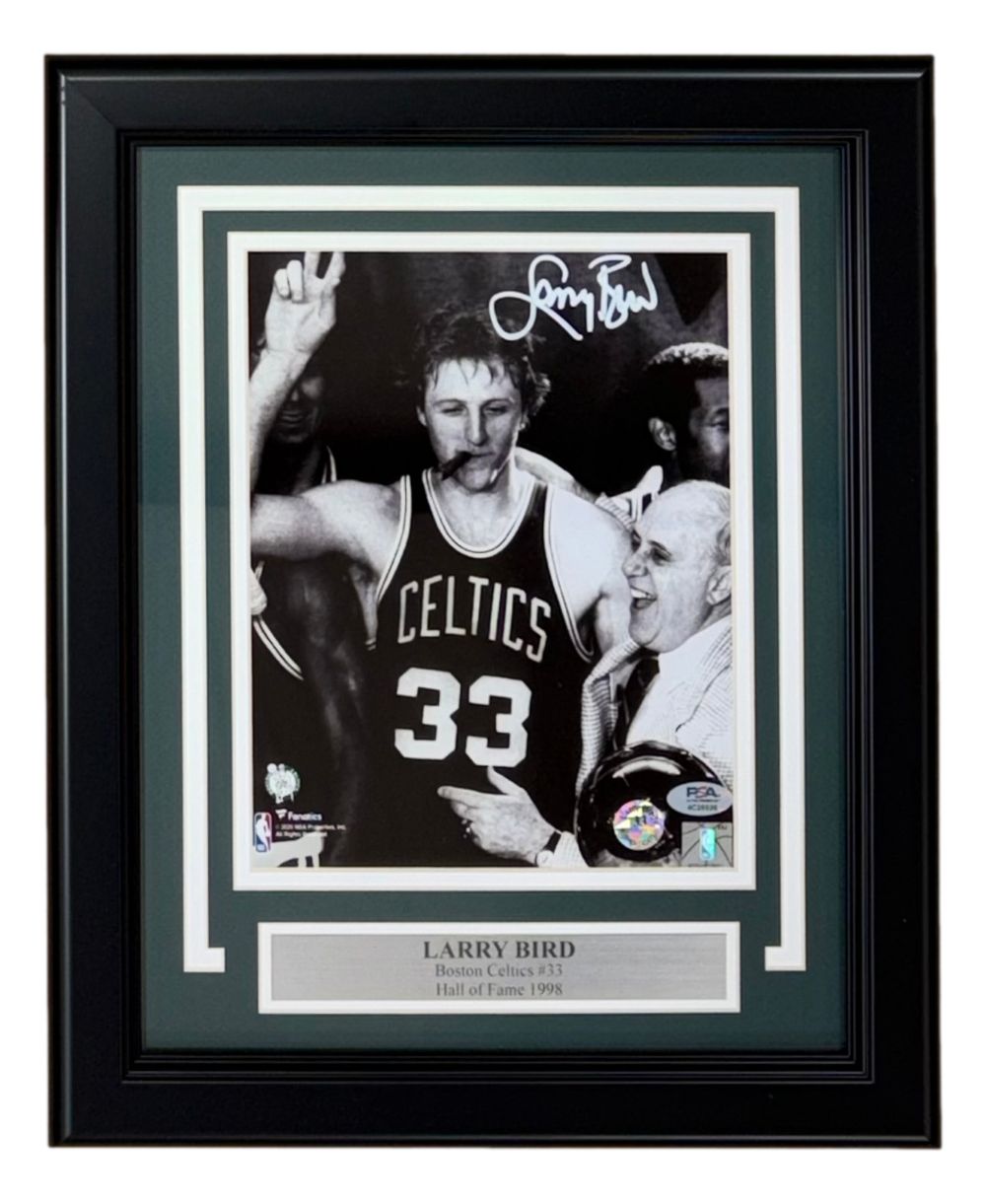 Larry Bird Signed Framed 8x10 Boston Celtics w/ Red Auerbach Photo Bird+PSA/DNA
