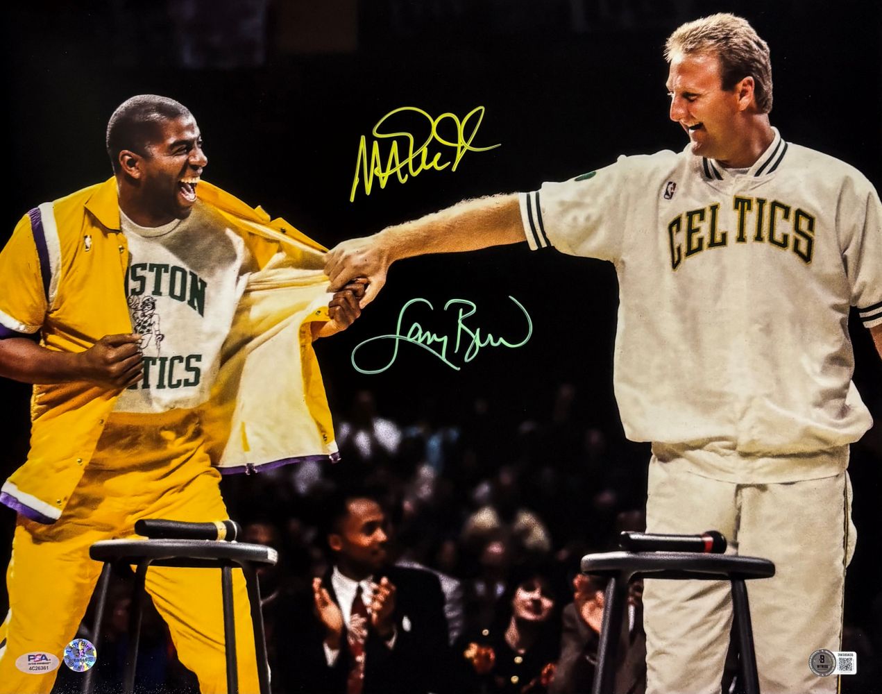Larry Bird Magic Johnson Dual Signed 16x20 Celtics Shirt Pull Photo PSA+BAS