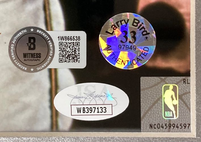 Larry Bird Magic Johnson Signed Framed 16x20 Celtics Shirt Pull Photo JSA+BAS