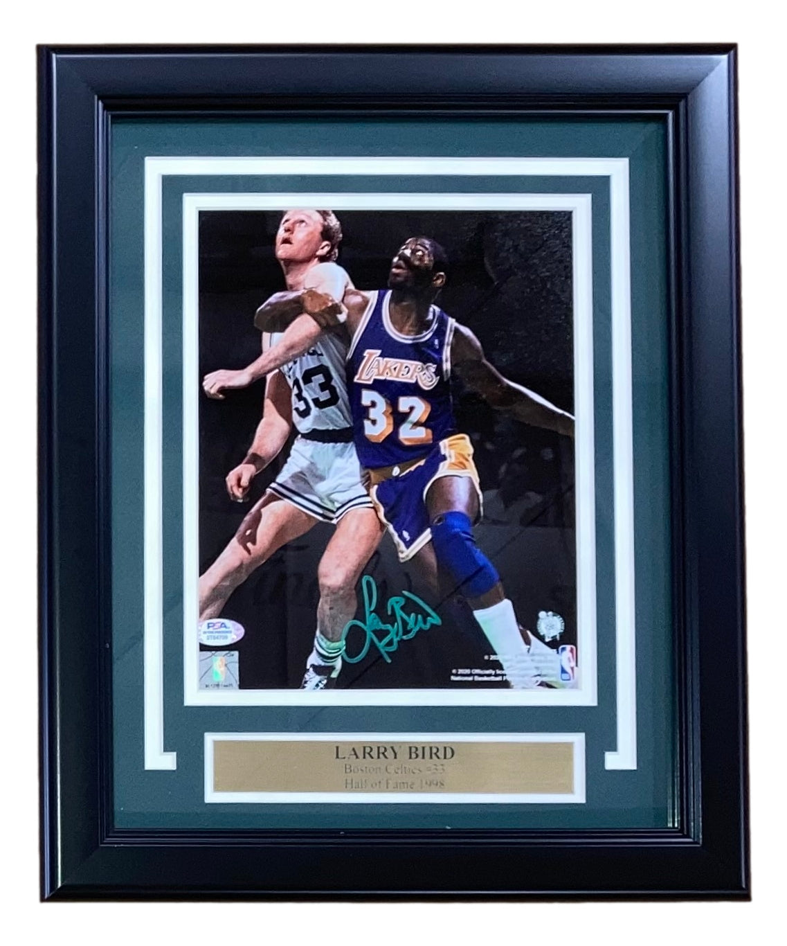 The Sports Integrity Larry Bird Signed Framed 8x10 Boston Celtics Photo vs Magic Johnson features Bird’s autograph and a plaque with “LARRY BIRD, Boston Celtics, Hall of Fame 1998” below the action image.