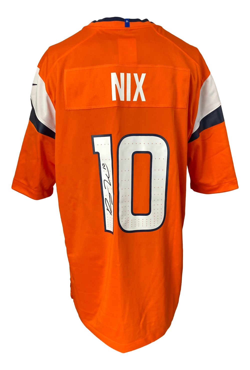 The Sports Integrity Bo Nix Signed Denver Broncos Orange Nike Game Replica Jersey features NIX and number 10 on the back with a black signature, plus white and navy sleeve accents.