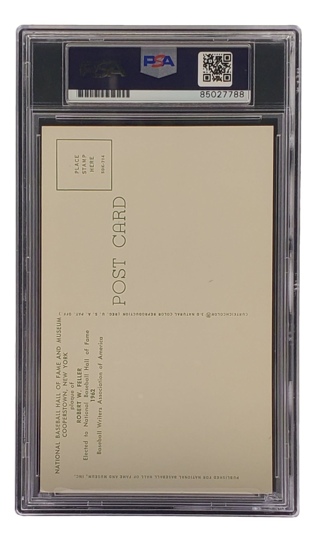 A Bob Feller Signed 4x6 Cleveland Hall of Fame Plaque Card by Sports Integrity is shown encased in a PSA/DNA slab (serial #85027788), with the barcode and card details visible on the back.