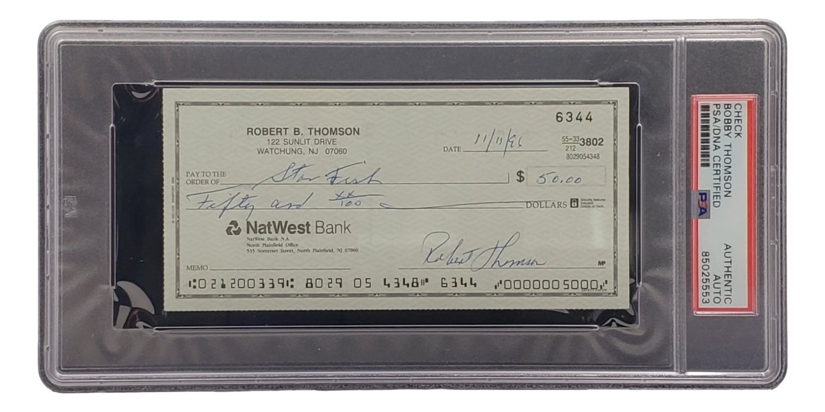 Bobby Thomson New York Giants Signed Bank Check PSA/DNA 85025553 - Sports Integrity