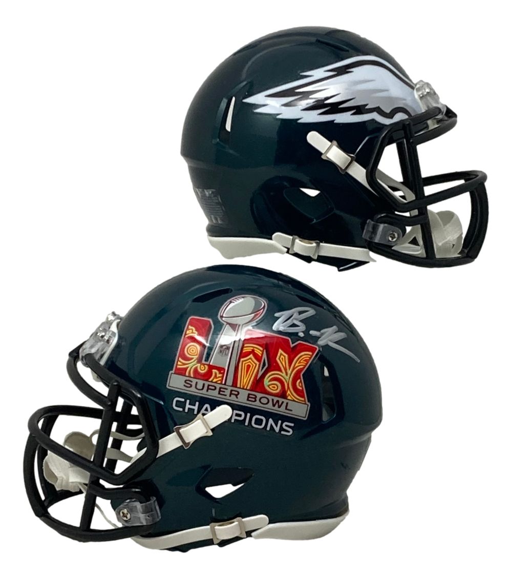 This Sports Integrity mini speed helmet features the Philadelphia Eagles logo, a Super Bowl LIX graphic, and is signed by Brandon Graham.