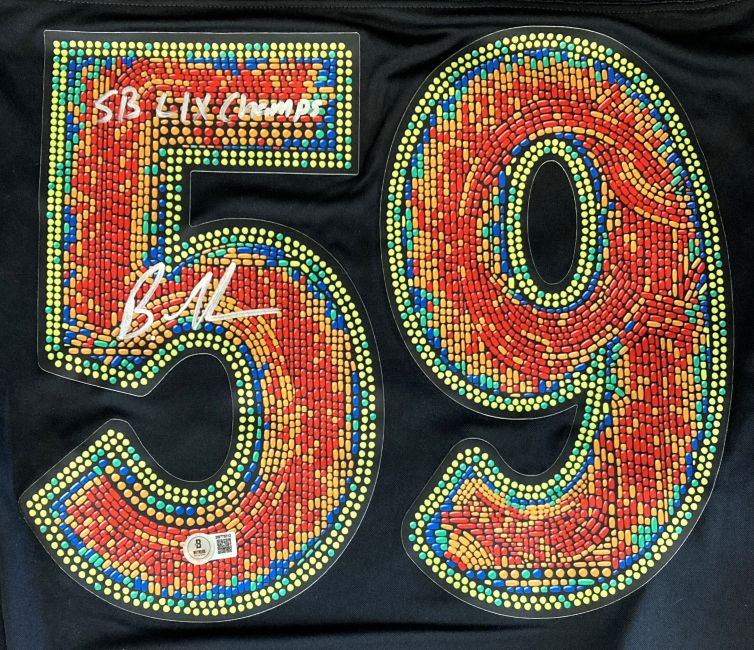 Sports Integrity Brandon Graham Eagles Super Bowl 59 LIX Nike Limited Jersey, autographed with "SB LIX Champs," features a bold number 59 in a colorful red, yellow, and blue mosaic on black. BAS authenticated.
