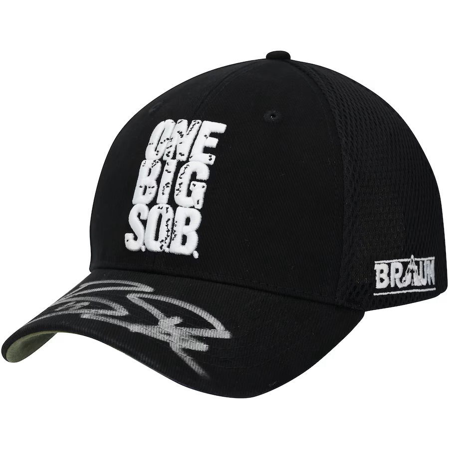 The Sports Integrity Braun Strowman Signed WWE One Big SOB Snapback Trucker Hat features bold white ONE BIG SOB. text on the front, a white BRAUN logo on the side, and a graphic design on the bill.