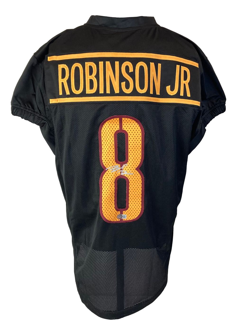 The Sports Integrity Brian Robinson Jr Washington Signed Black Alternate Football Jersey BAS features orange detailing, ROBINSON JR in large letters on the back, and the number 8 below.