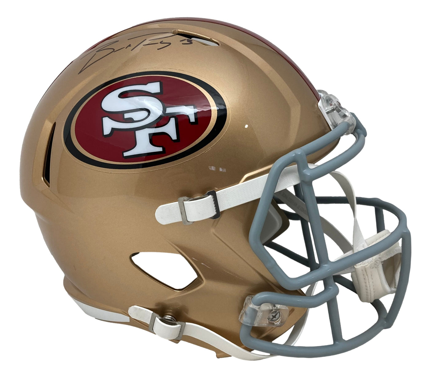 Brock Purdy Signed San Francisco 49ers Full Size Speed Replica Helmet by Sports Integrity, featuring the team's red and white SF logo, gold shell, gray face mask, white chin strap, and athlete's signature on top.