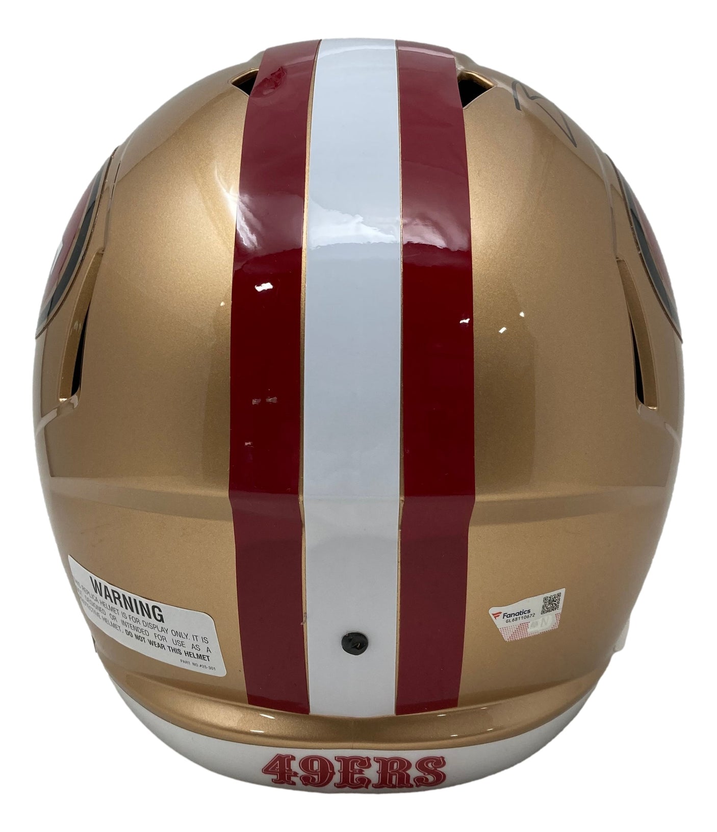 The Sports Integrity Brock Purdy Signed San Francisco 49ers Full Size Speed Replica Helmet features gold with red and white center stripes, "49ERS" in red on the back, and a left-side warning label.