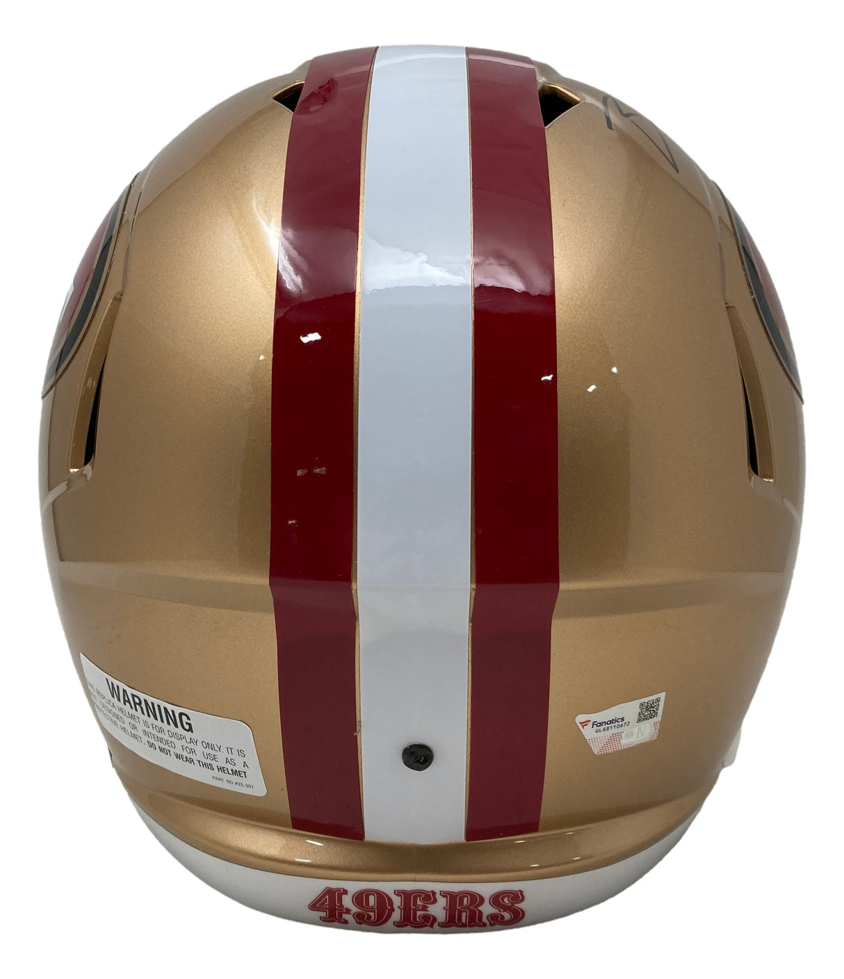 The Sports Integrity Brock Purdy Signed San Francisco 49ers Full Size Speed Replica Helmet features gold with red and white center stripes, "49ERS" in red on the back, and a left-side warning label.