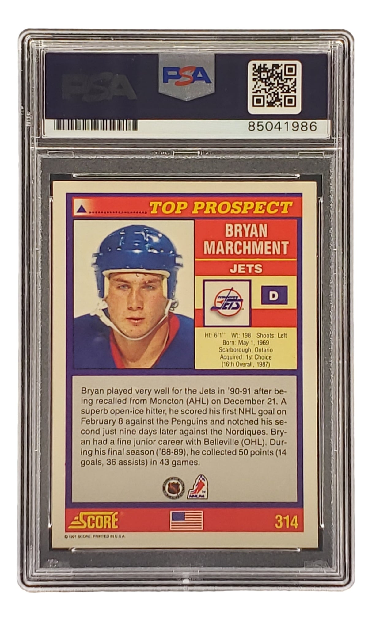 A Bryan Marchment Signed 1991 Score #314 Winnipeg Jets Hockey Card by Sports Integrity, graded and authenticated by PSA/DNA, featuring his stats, biography, and photo in a blue helmet.