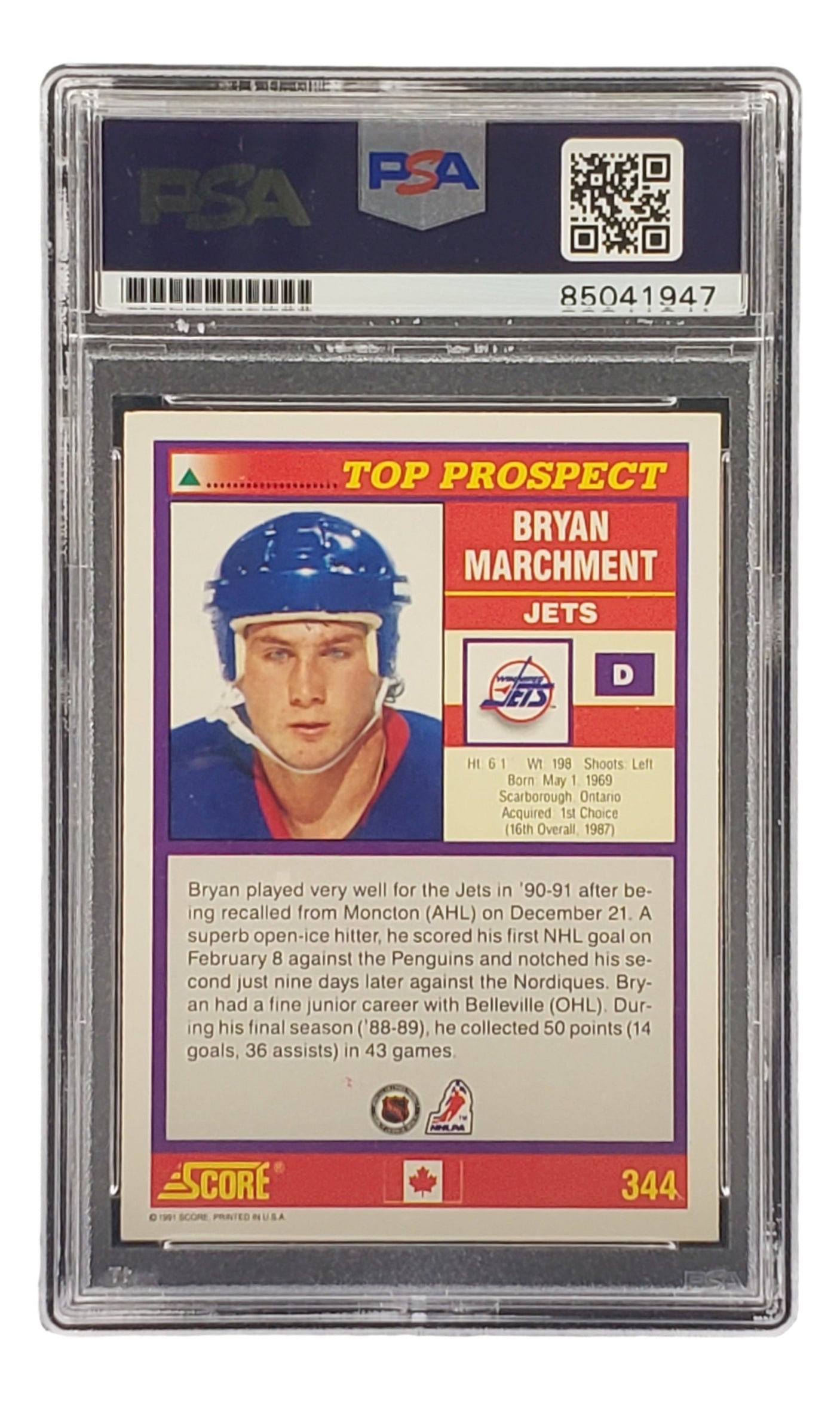 Bryan Marchment Signed 1991 Score #344 Winnipeg Jets Hockey Card PSA/DNA