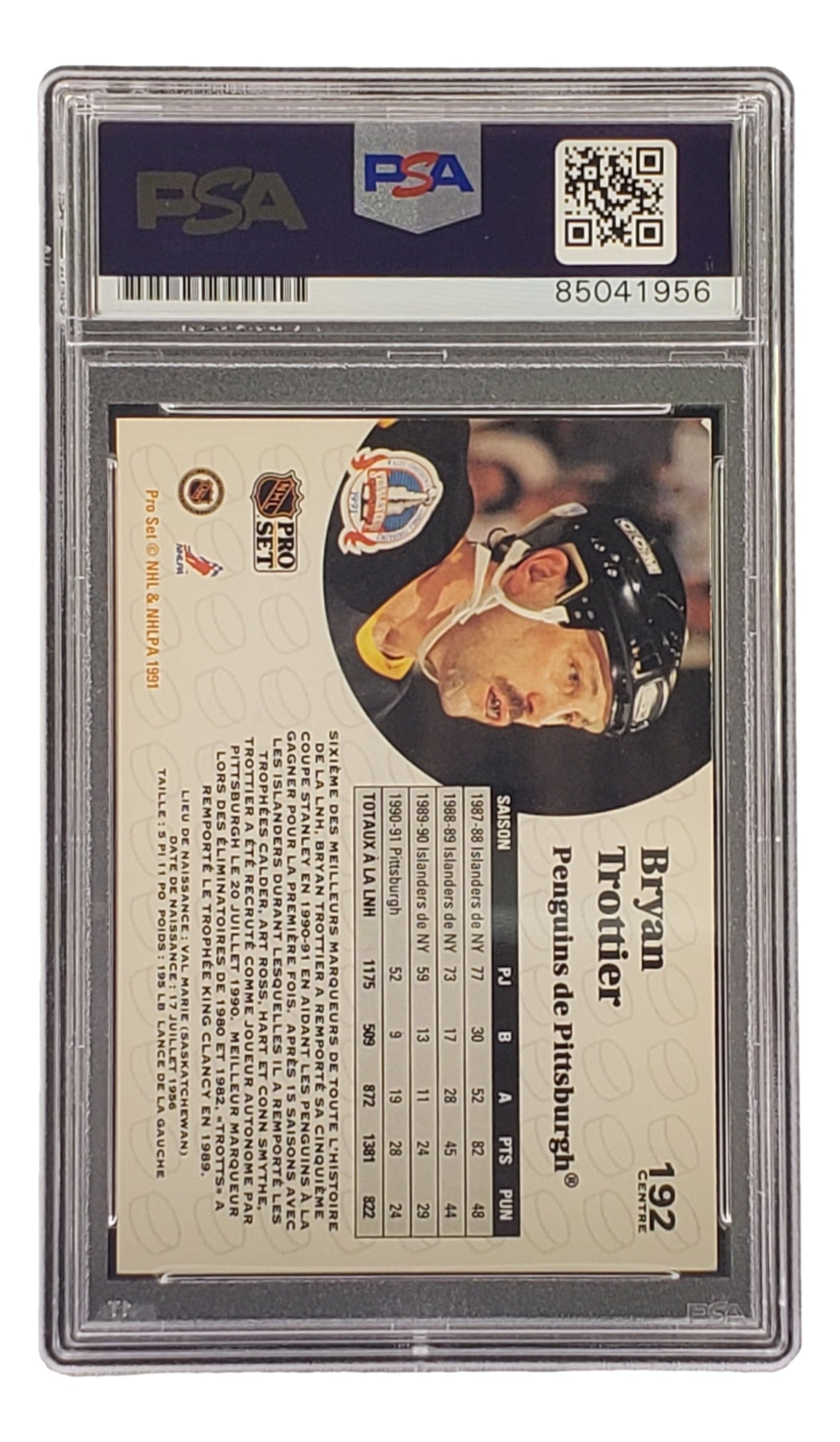 Bryan Trottier Signed 1991 Pro Set #192 Pittsburgh Penguins Hockey Card PSA/DNA