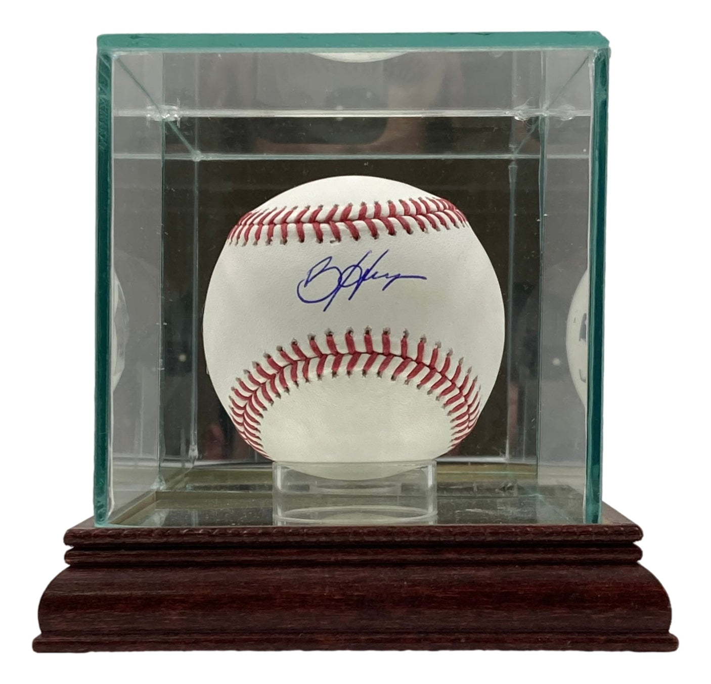 The Sports Integrity Bryce Harper Philadelphia Phillies Signed Official MLB Baseball is presented with a clear glass case and dark wooden base.