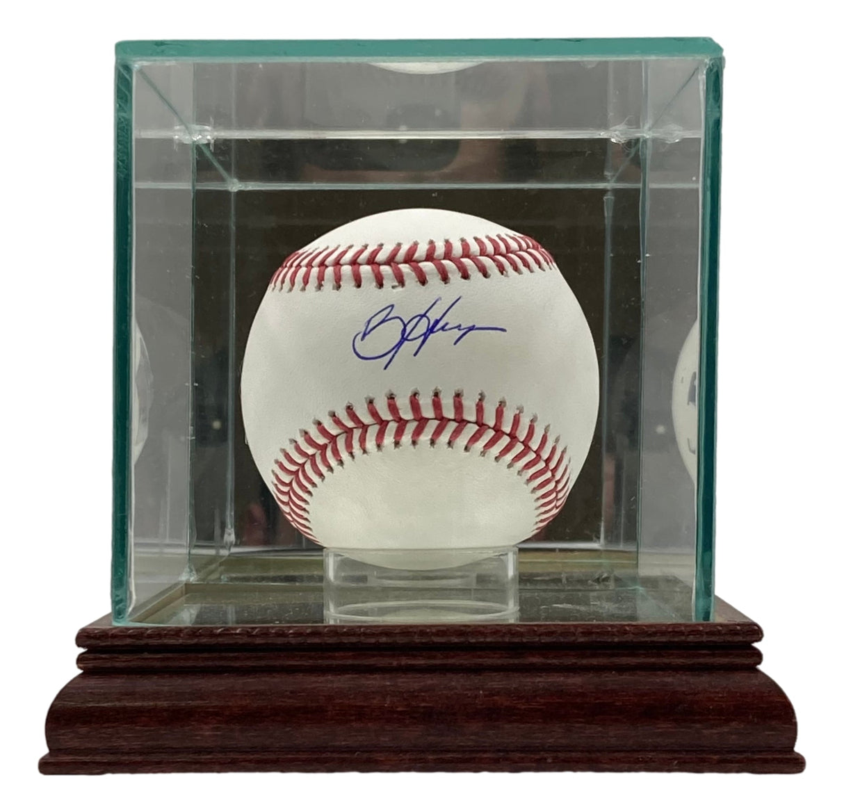 The Sports Integrity Bryce Harper Philadelphia Phillies Signed Official MLB Baseball is presented with a clear glass case and dark wooden base.