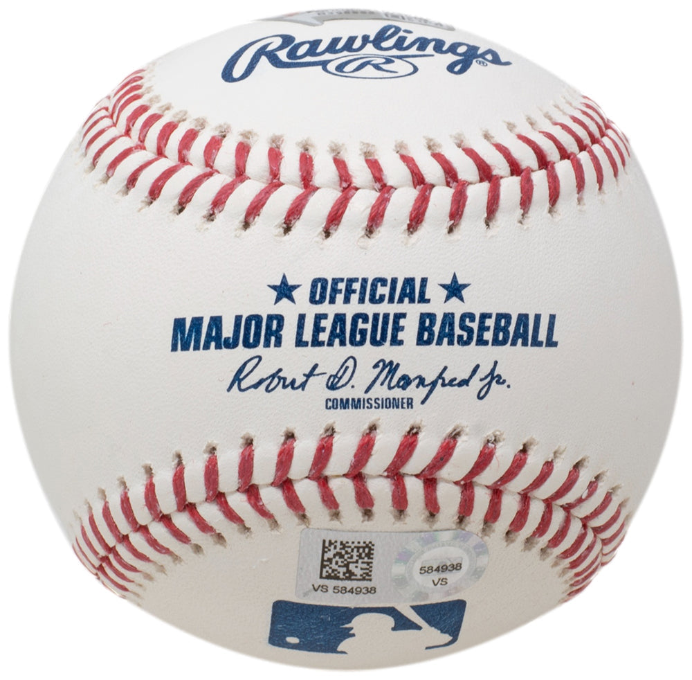 A close-up of a Sports Integrity Bryce Harper Philadelphia Phillies Signed Official MLB Baseball, featuring red stitching, MLB logo, the commissioner’s signature, and an authentication sticker.
