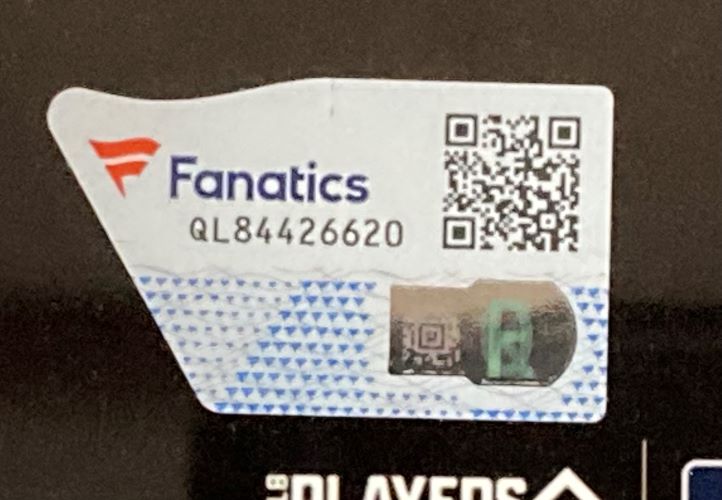 A close-up of a Fanatics authentication sticker with QR code, serial QL84426620, and a hologram on the Bryson Stott Signed Framed 11x14 Philadelphia Phillies Photo by Sports Integrity.