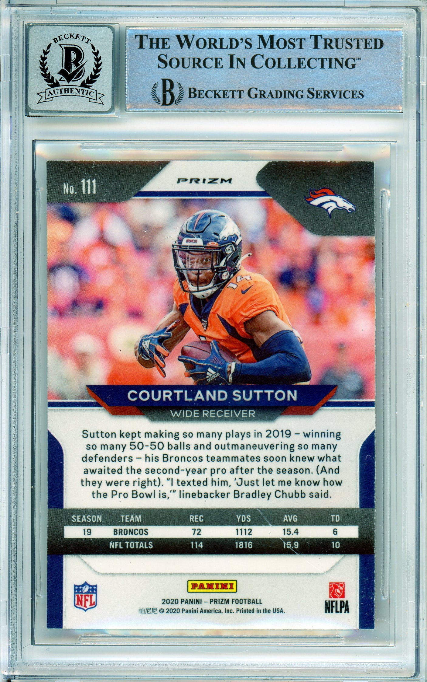 2020 Panini Prizm Red Cracked Ice #111 Courtland Sutton Broncos BGS Autograph 10