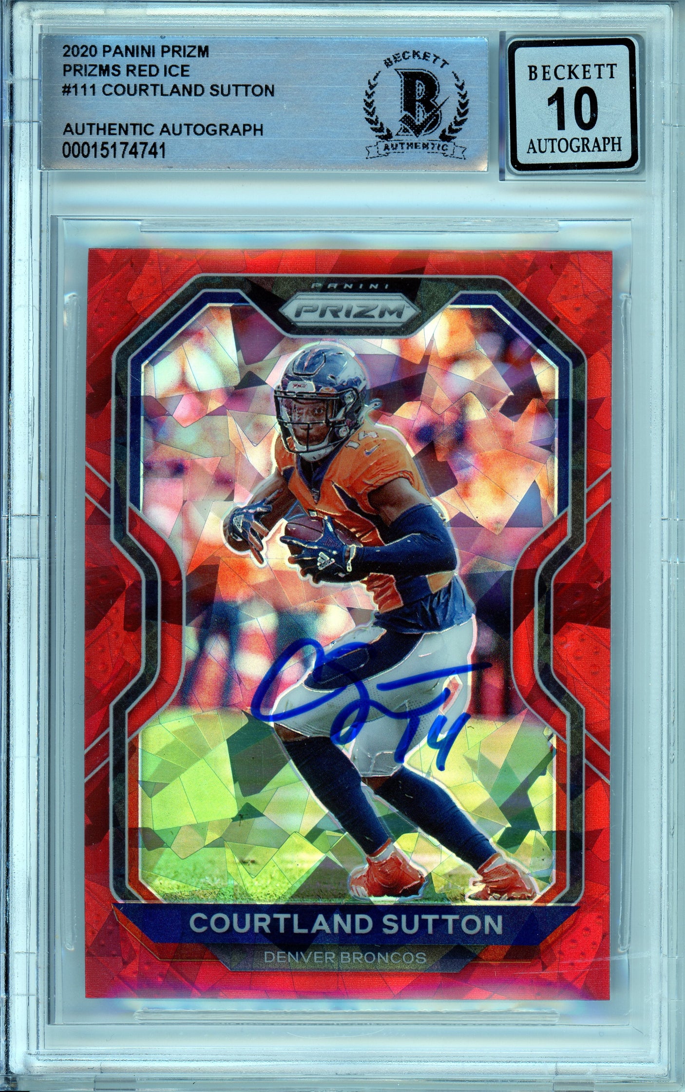 2020 Panini Prizm Red Cracked Ice #111 Courtland Sutton Broncos BGS Autograph 10