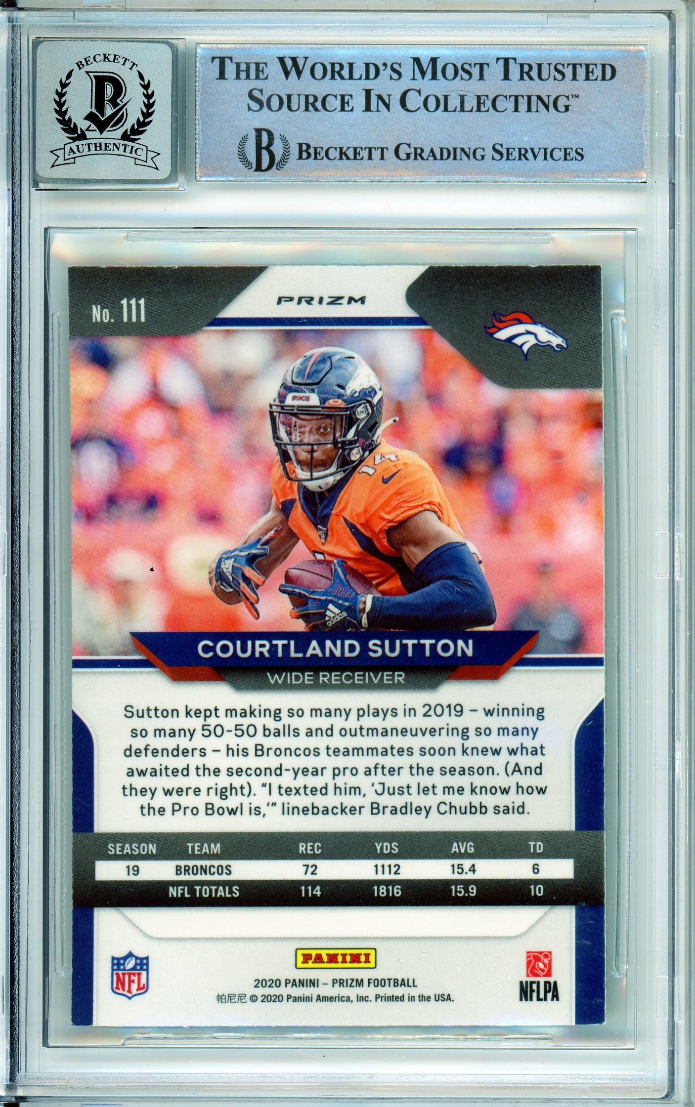 2020 Panini Prizm Green #111 Courtland Sutton Broncos BGS Autograph 10