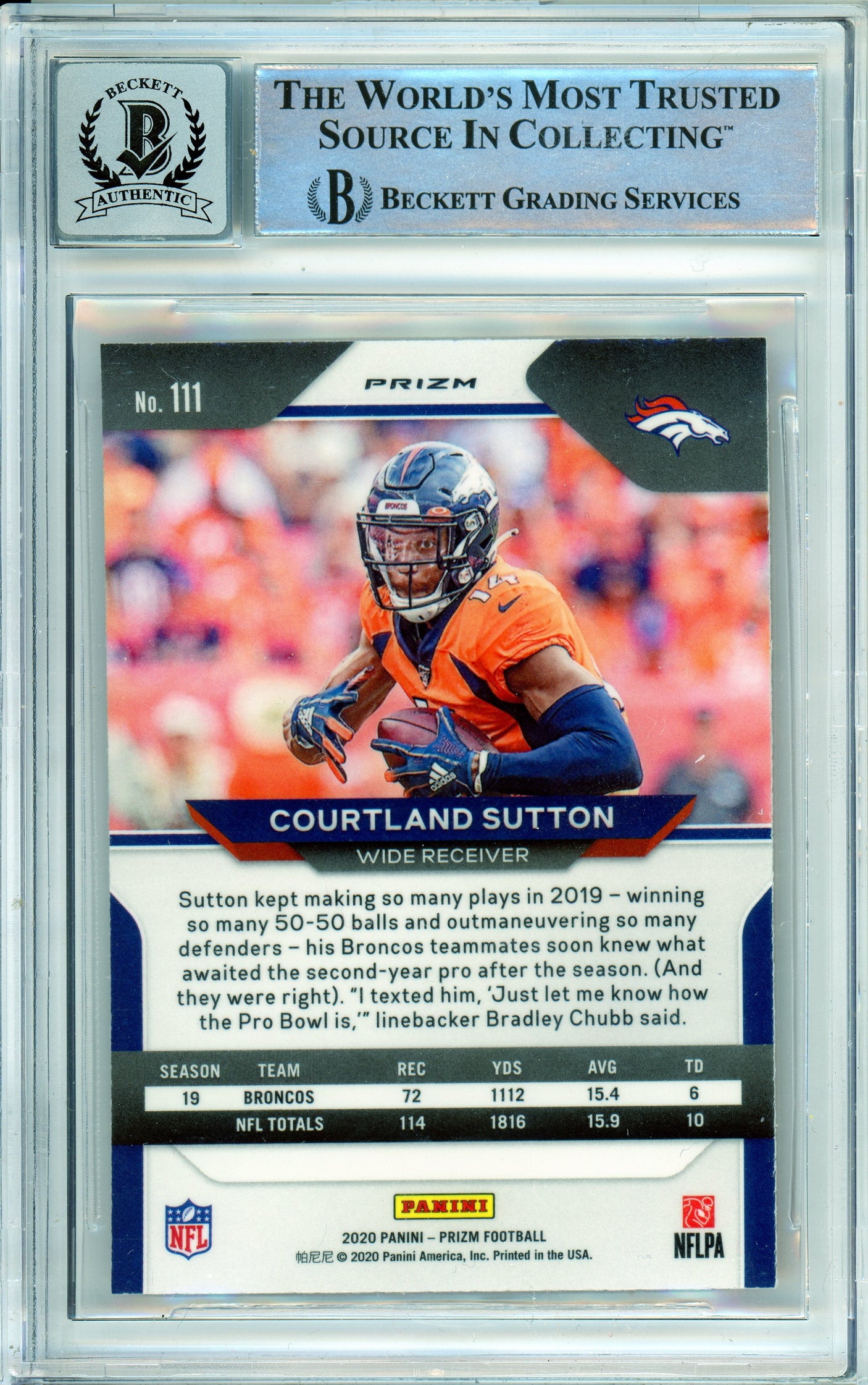 2020 Panini Prizm Orange Disco #111 Courtland Sutton Broncos BGS Autograph 10