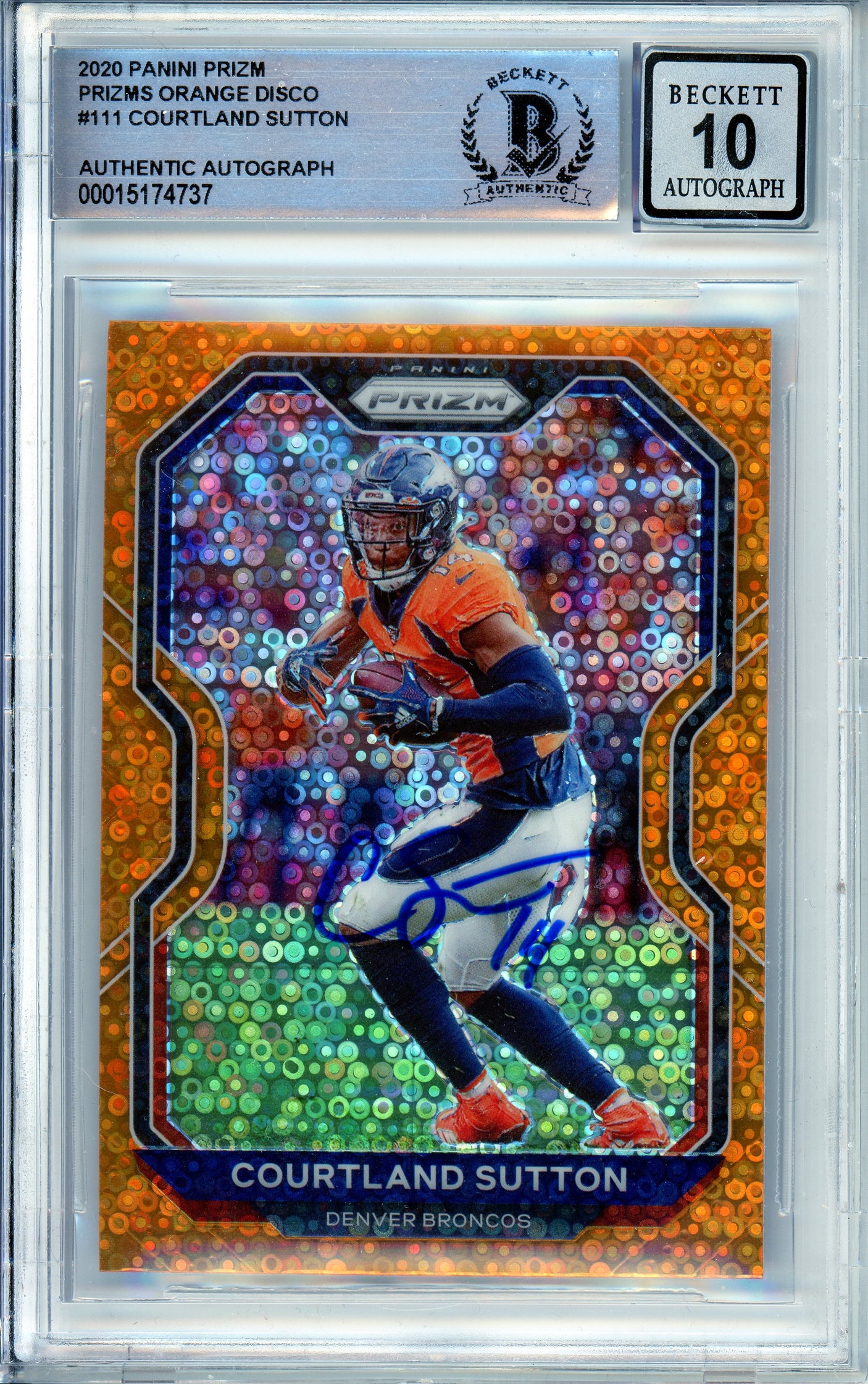 2020 Panini Prizm Orange Disco #111 Courtland Sutton Broncos BGS Autograph 10