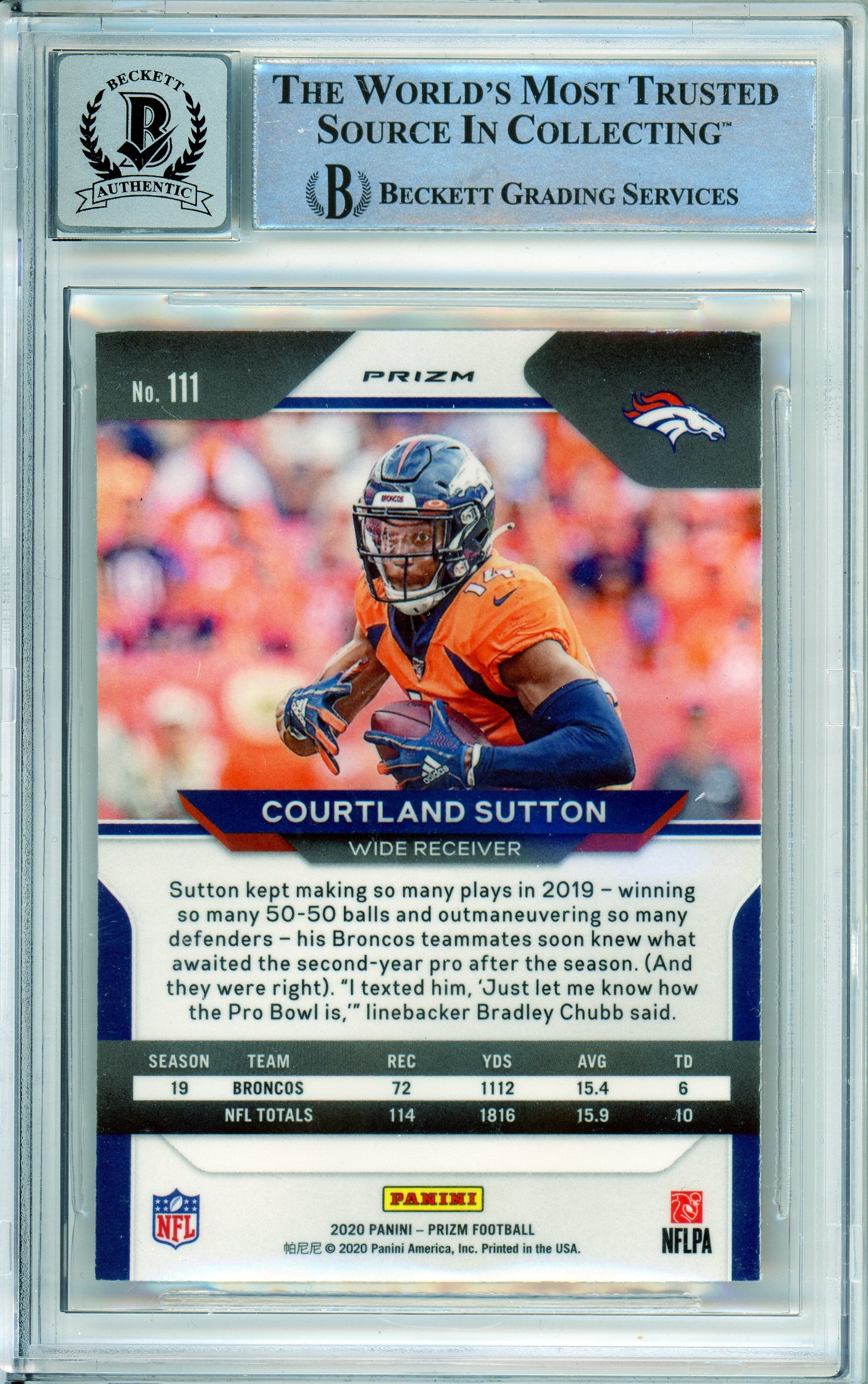 2020 Panini Prizm Orange Disco #111 Courtland Sutton Broncos BGS Autograph 10