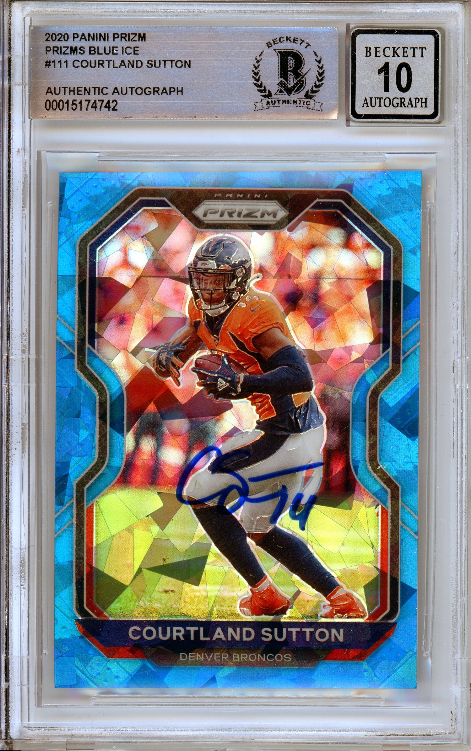 2020 Panini Prizm Blue Cracked Ice #111 Courtland Sutton Denver Broncos BGS Autograph 10
