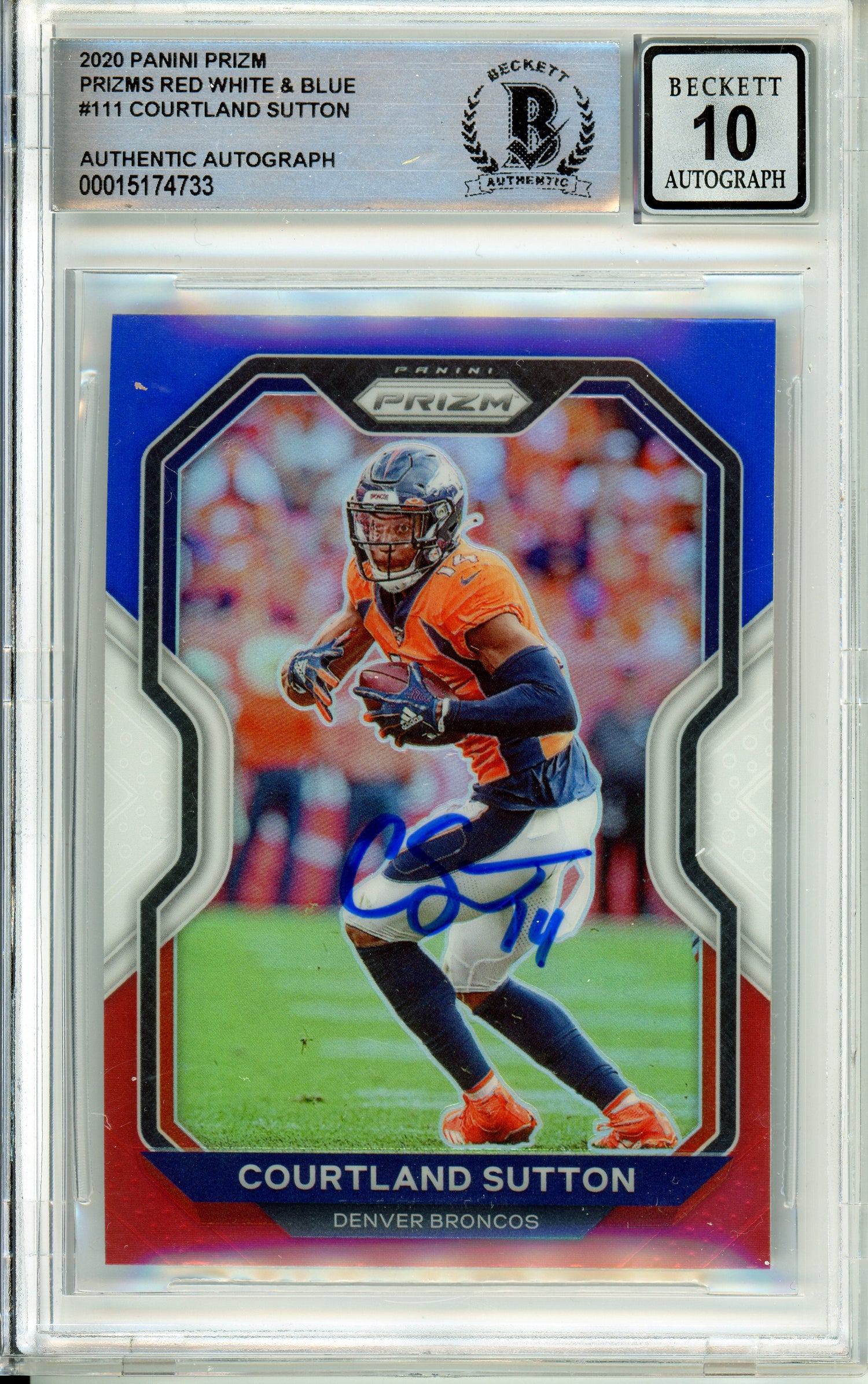 2020 Panini Prizm Red, White, Blue #111 Courtland Sutton Denver Broncos BGS Autograph 10