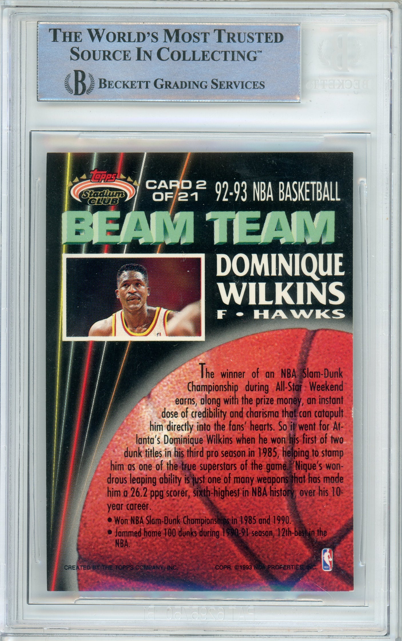 1992-93 Stadium Club Beam Team #2 Dominique Wilkins Hawks BGS Autograph 10