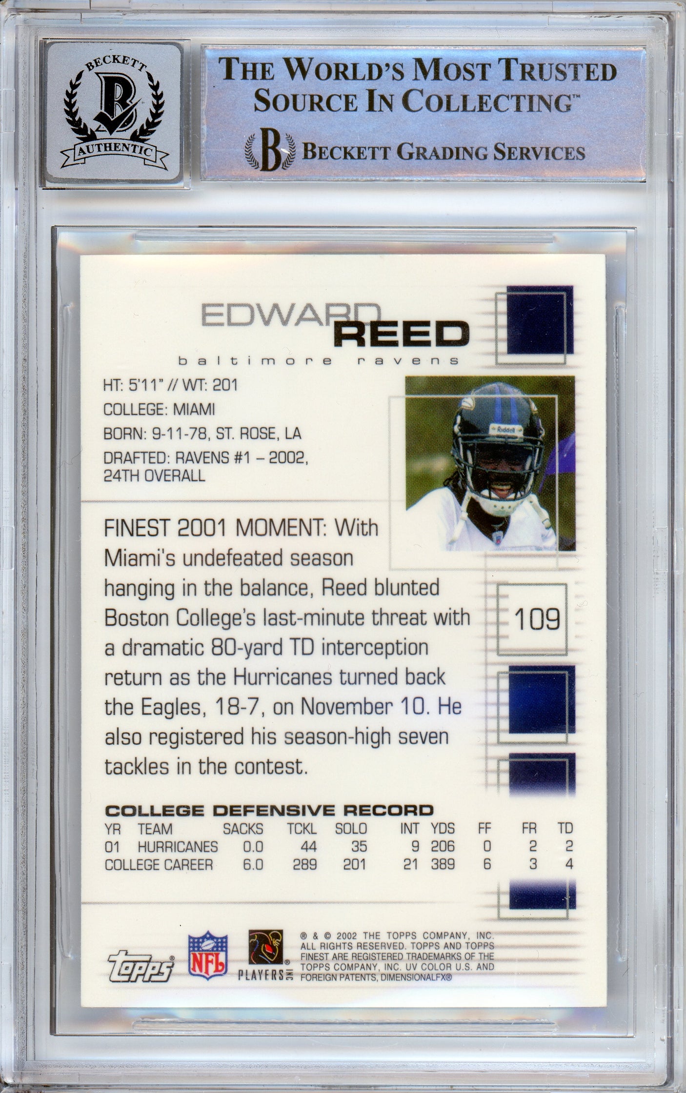 2002 Finest #109 Ed Reed RC Baltimore Ravens BGS Autograph 10