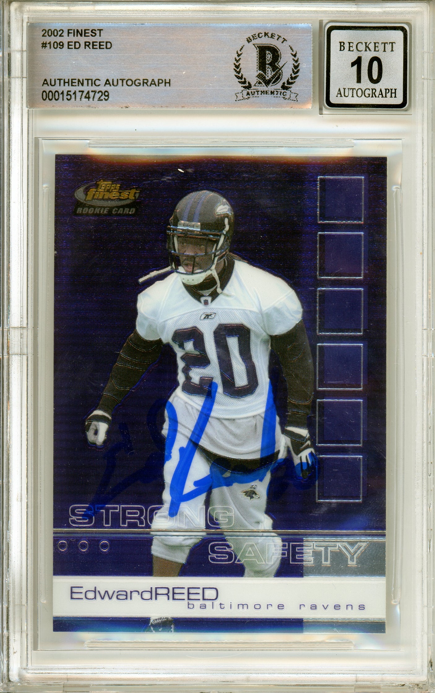 2002 Finest #109 Ed Reed RC Baltimore Ravens BGS Autograph 10