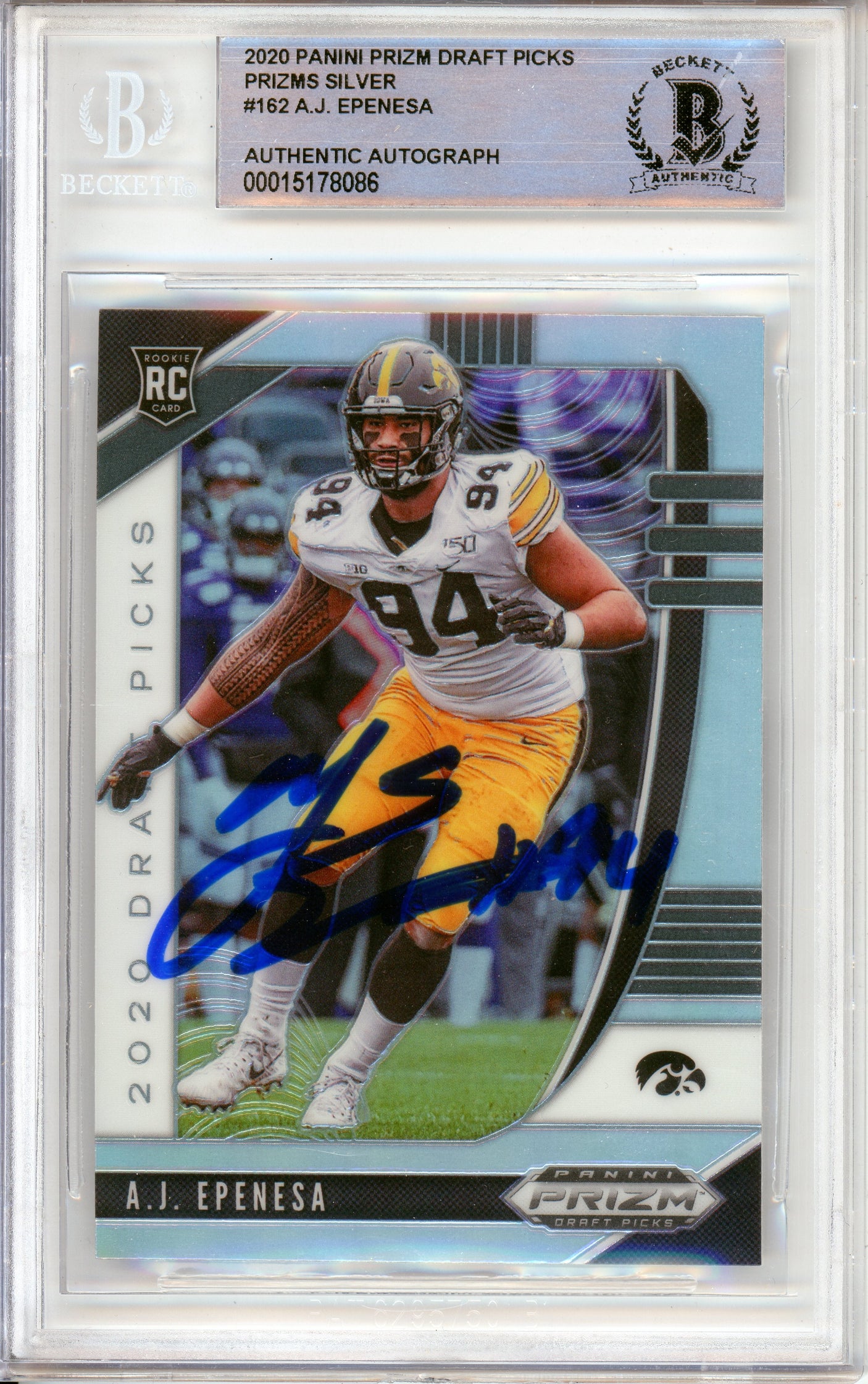 2020 Panini Prizm Draft Picks Silver #162 AJ Epenesa RC Iowa Hawkeyes BGS Autograph 10