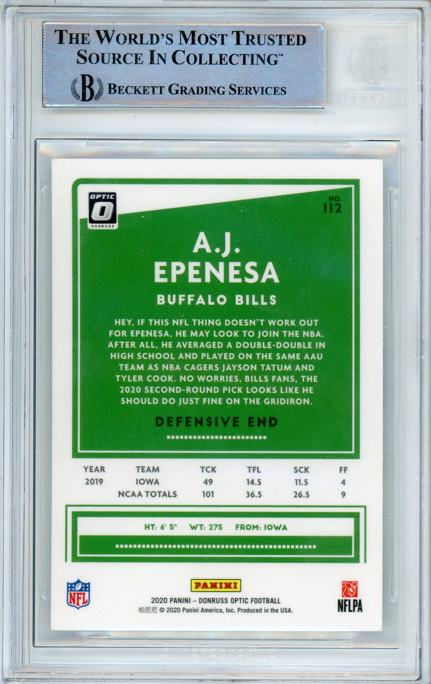 2020 Donruss Optic #112 AJ Epenesa RC Buffalo Bills BGS Autograph 10