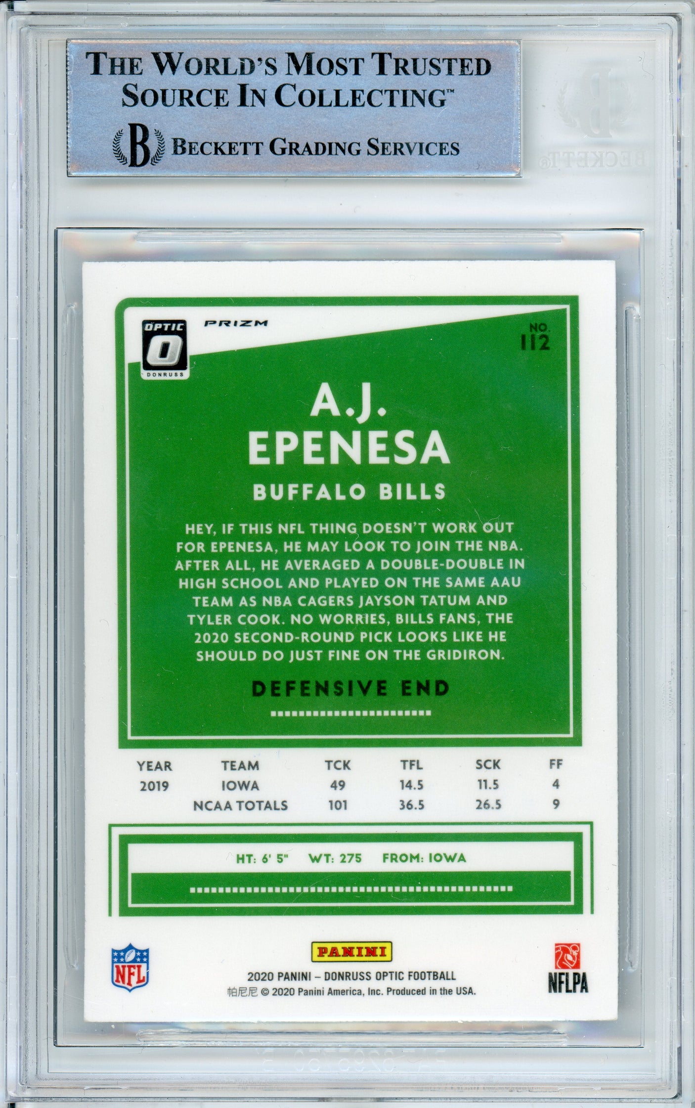 2020 Donruss Optic Blue Hyper #112 AJ Epenesa RC Buffalo Bills BGS Autograph 10