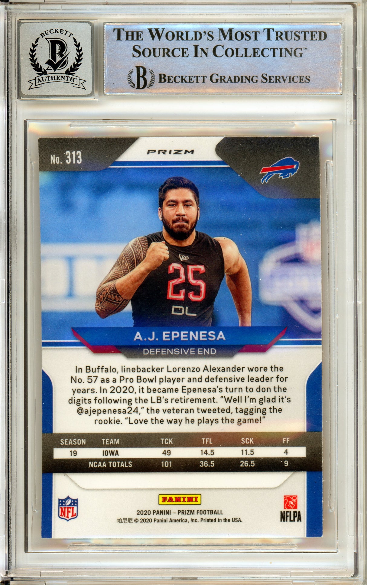 2020 Panini Prizm Orange Lazer #313 AJ Epenesa RC Buffalo Bills BGS Autograph 10