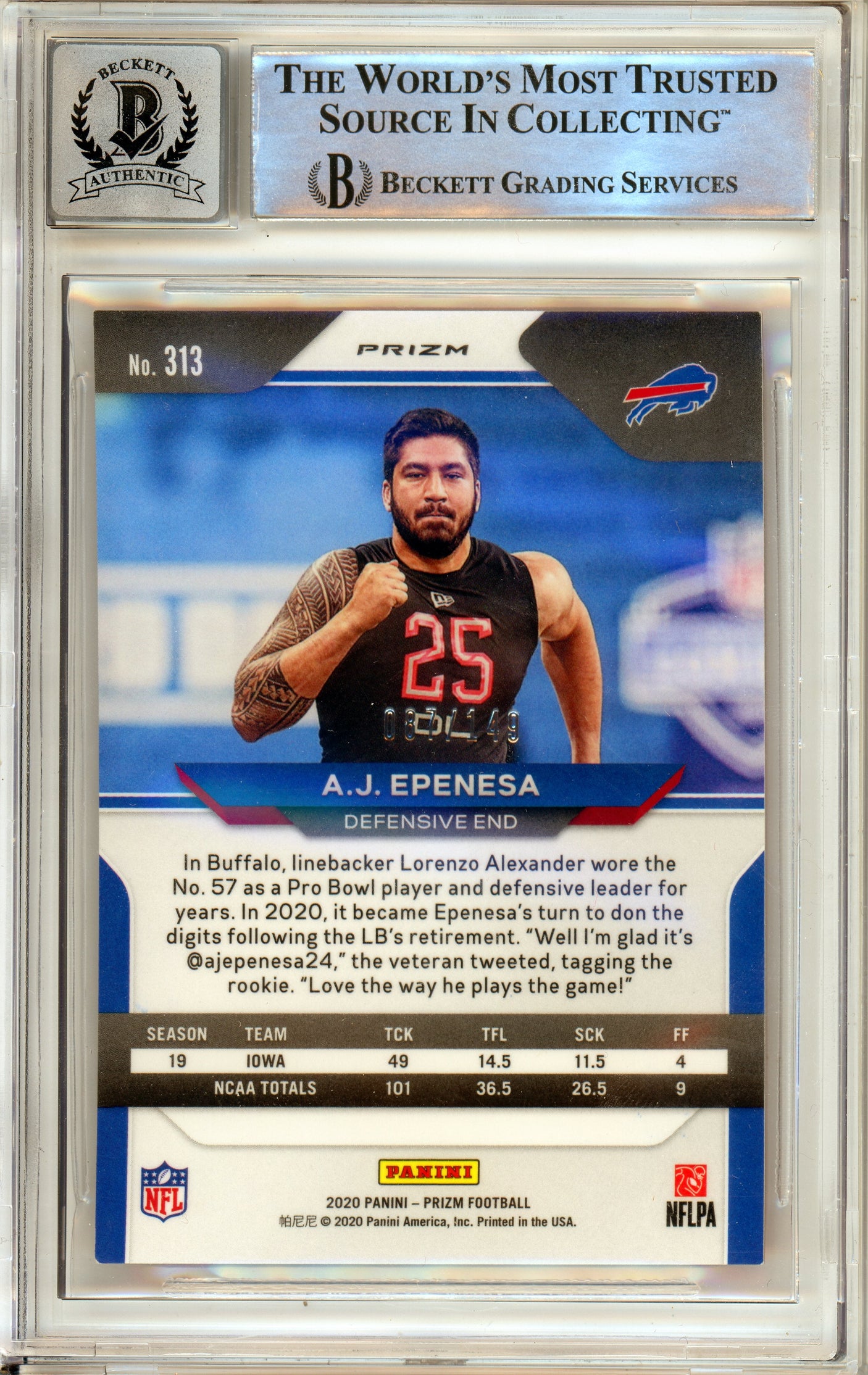 2020 Panini Prizm Red Wave #313 AJ Epenesa RC 87/149 Buffalo Bills BGS Autograph 10