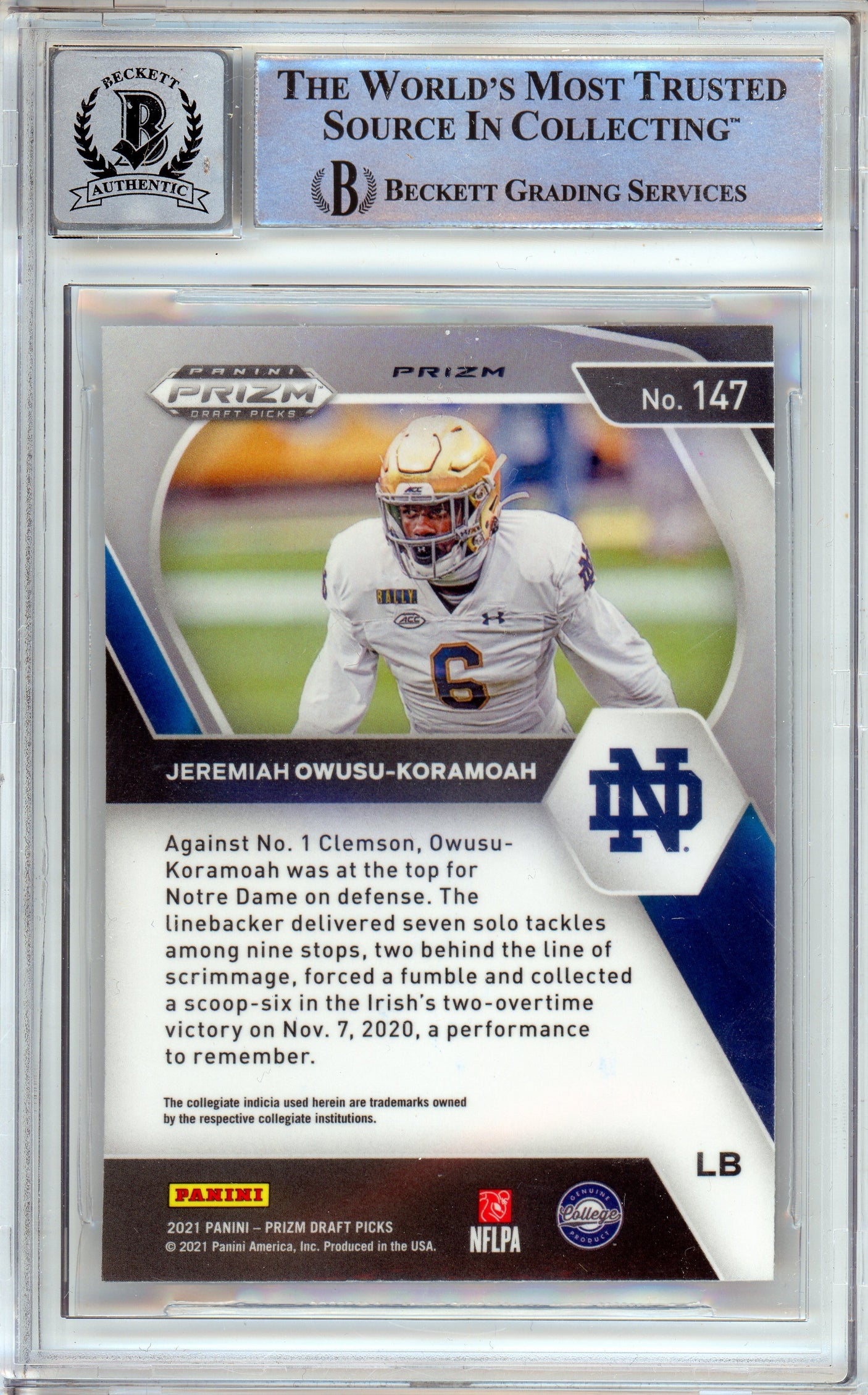 2020 Panini Prizm Draft Silver #147 Jeremiah Owusu-Koramoah RC Notre Dame