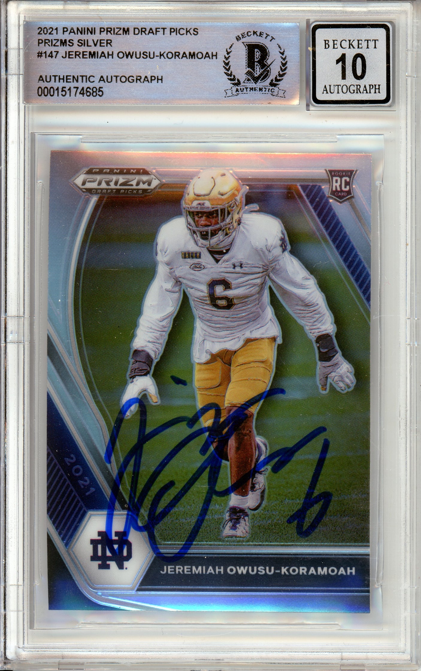 2020 Panini Prizm Draft Silver #147 Jeremiah Owusu-Koramoah RC Notre Dame