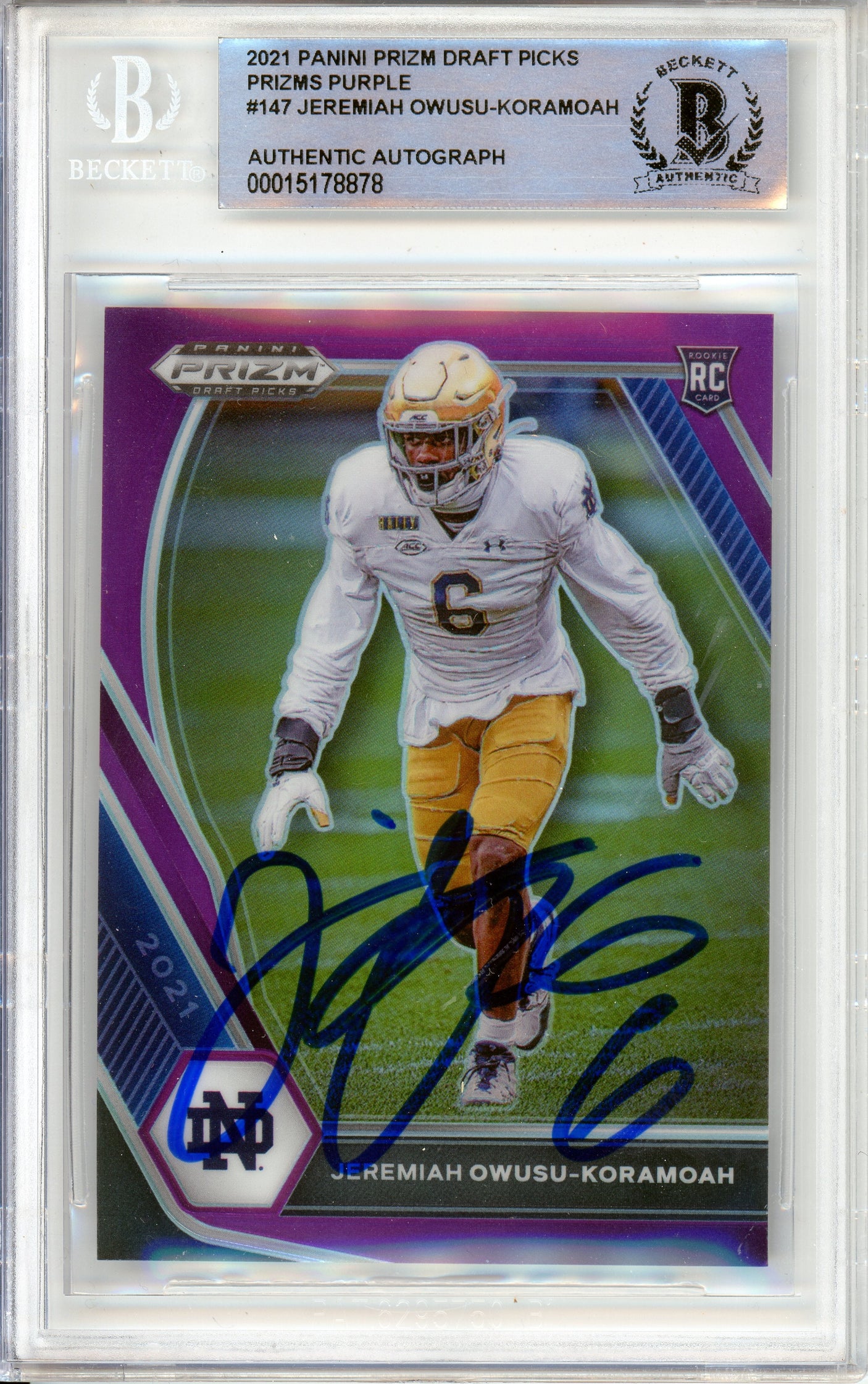 2020 Panini Prizm Draft Purple #147 Jeremiah Owusu-Koramoah RC 08/75 Notre Dame
