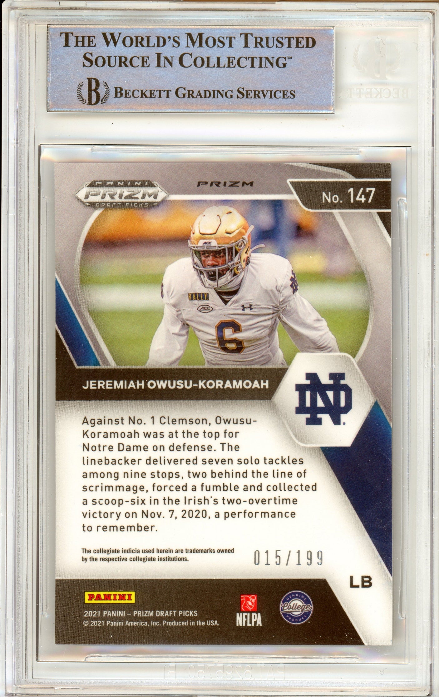 2020 Panini Prizm Draft Blue #147 Jeremiah Owusu-Koramoah RC 015/199 Notre Dame