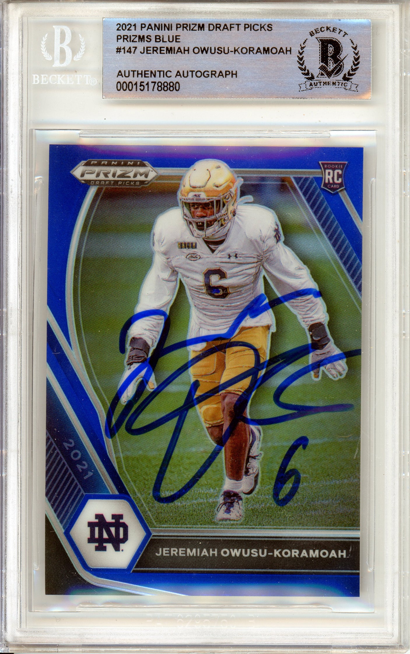 2020 Panini Prizm Draft Blue #147 Jeremiah Owusu-Koramoah RC 015/199 Notre Dame