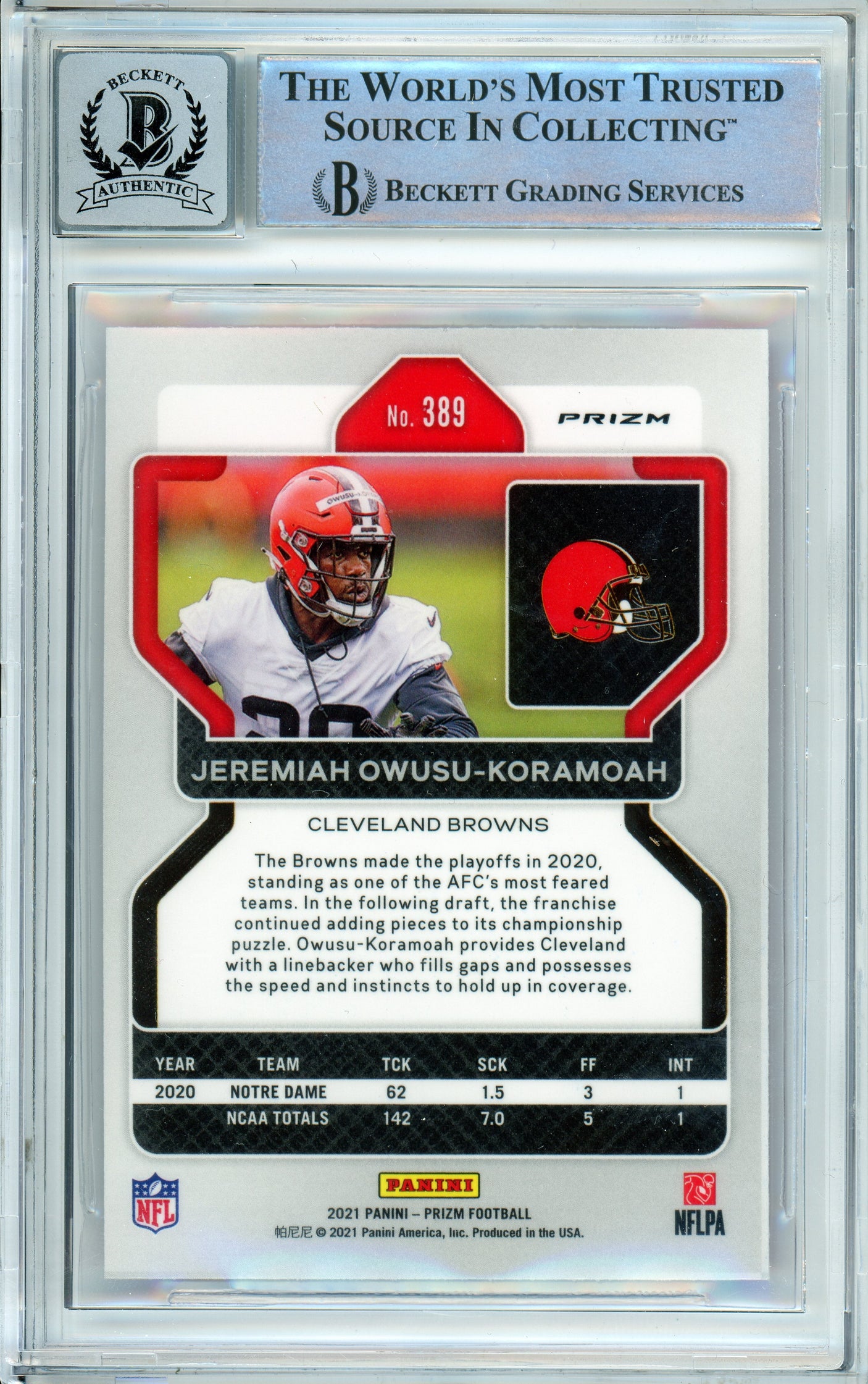 2020 Panini Prizm Pink #389 Jeremiah Owusu-Koramoah RC Cleavland Browns BGS Auto