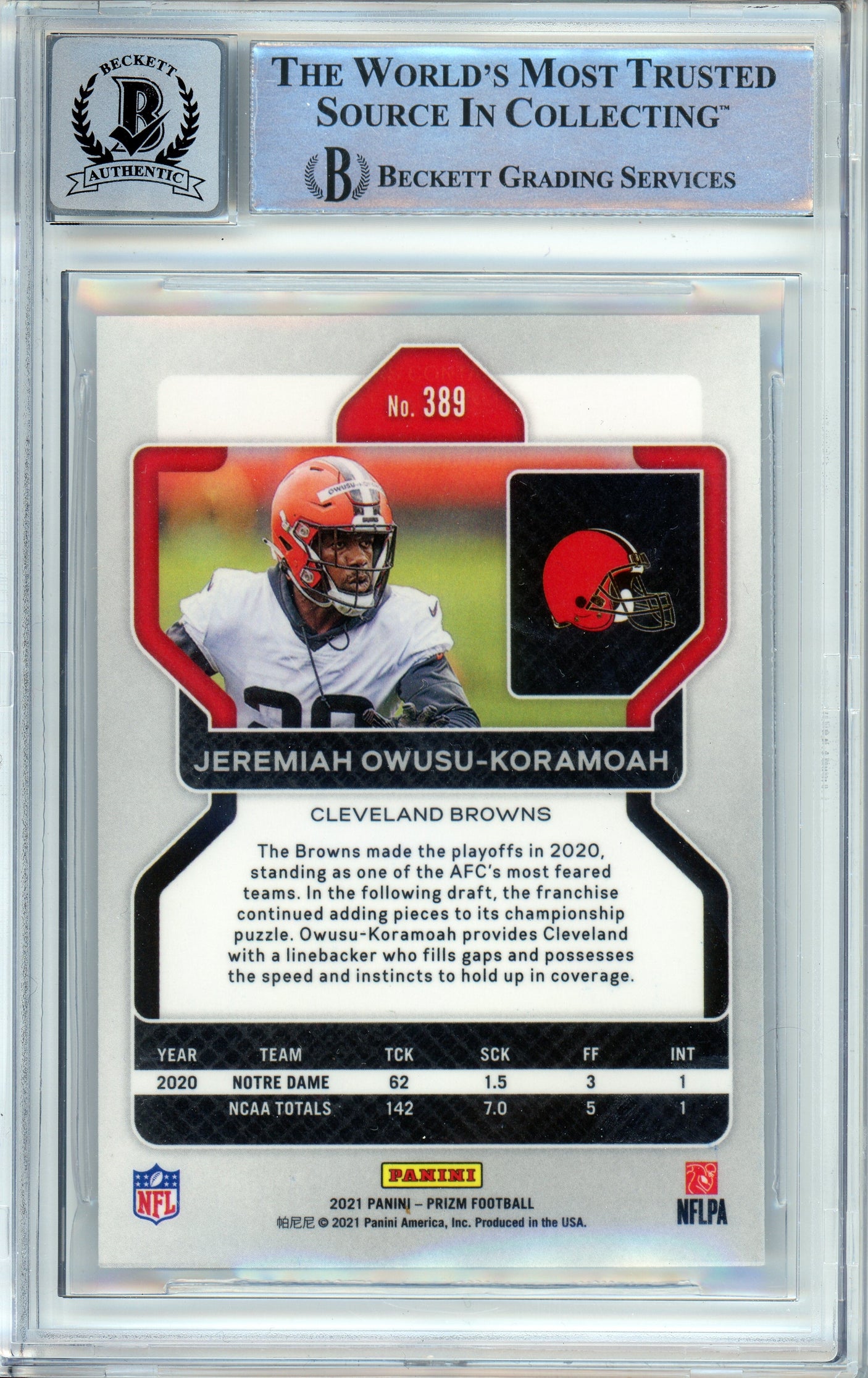 2020 Panini Prizm #389 Jeremiah Owusu-Koramoah RC Cleavland Browns BGS Auto 10