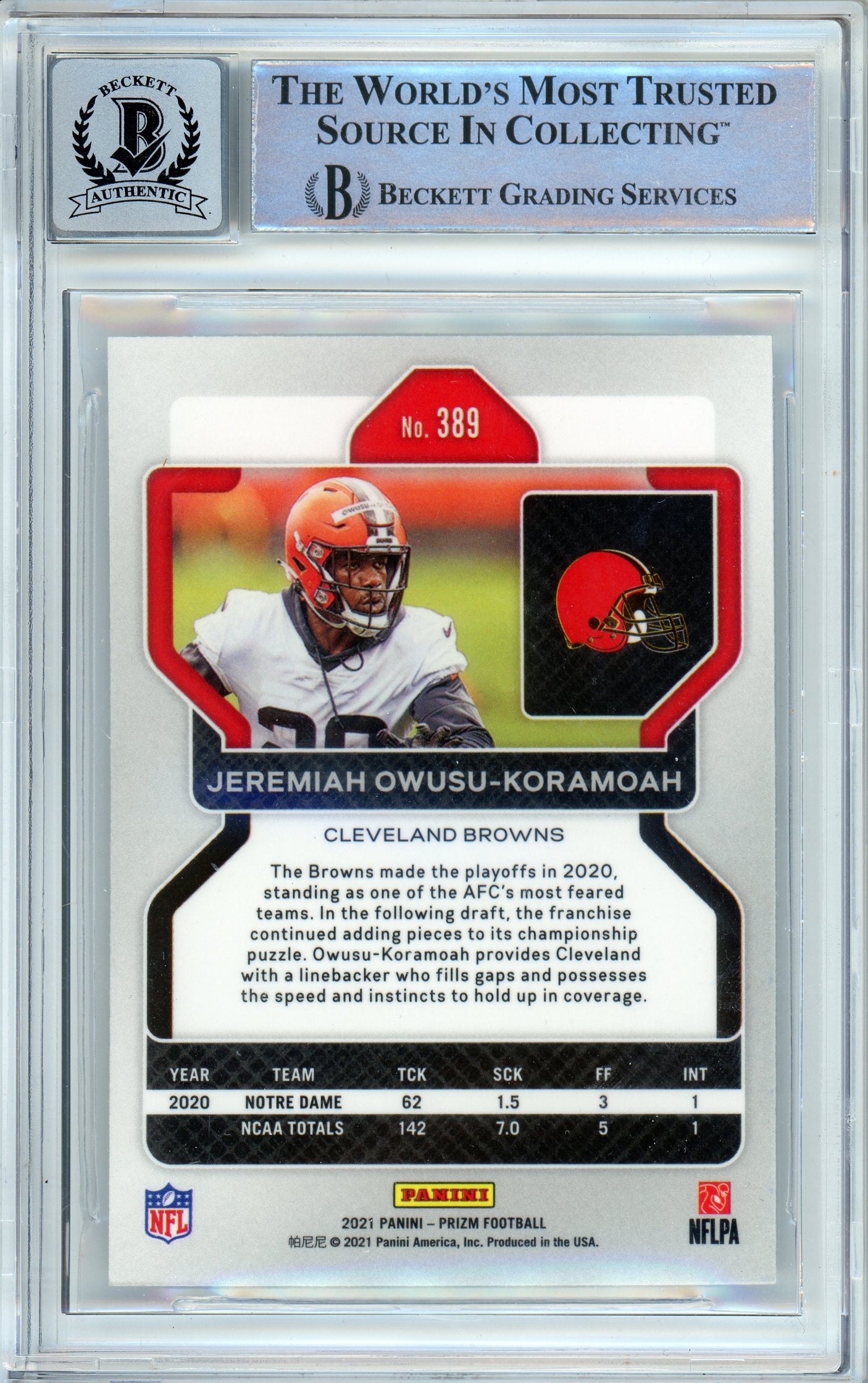 2020 Panini Prizm #389 Jeremiah Owusu-Koramoah RC Cleavland Browns BGS Auto 10